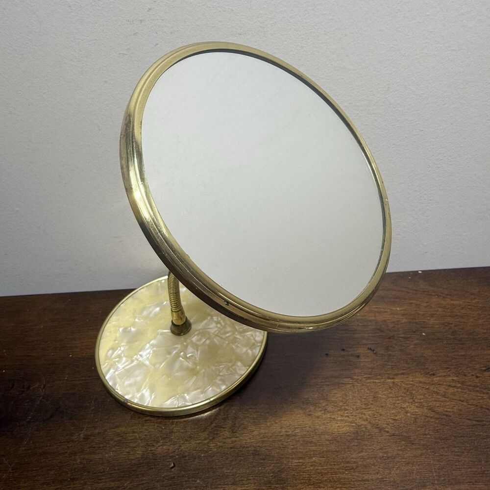 Vintage Brass Gooseneck Double Vanity Mirror Pearlescent Base Hollywood Regency - Picture 5 of 11